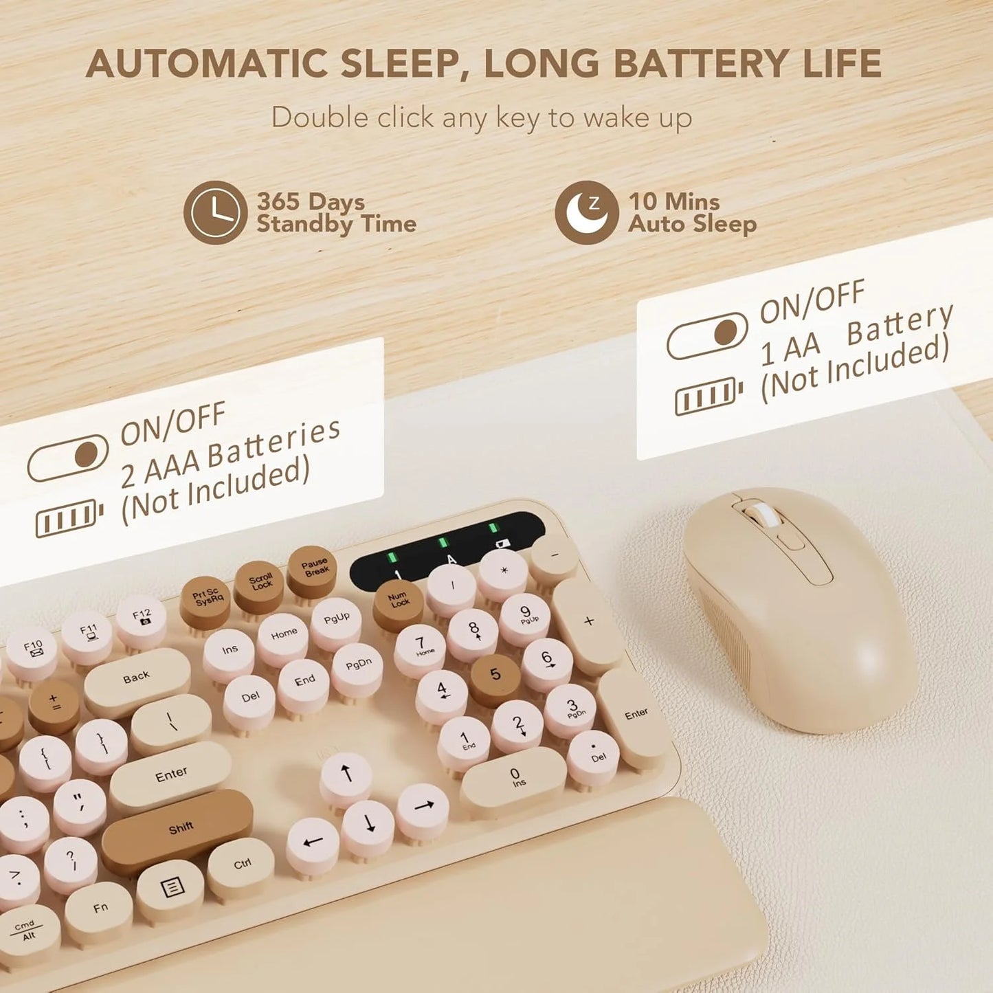 Wireless Keyboard and Mouse Combo Latte, Retro Round Keycaps, Full Size with Detachable Wrist Rest, 2.4G for PC Mac Windows