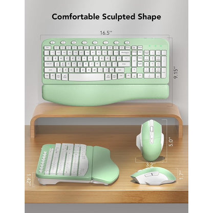 Ergonomic Wireless Keyboard and Mouse Combo, Leather Cushioned Palm Rest, Wave Keys, Silent Typing, 2.4G Lag-Free-Green