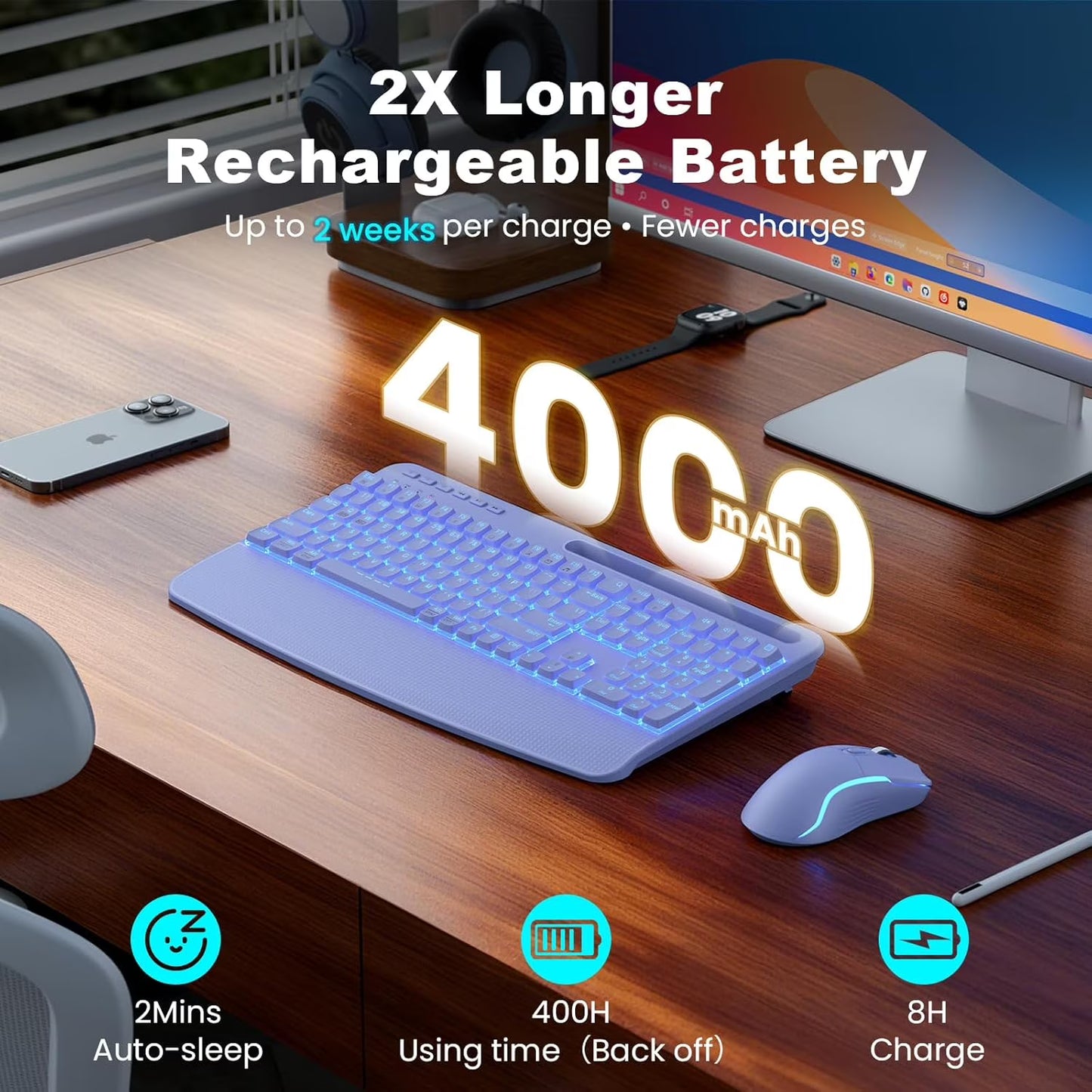 Rechargeable Backlit Wireless Keyboard and Mouse Combo, Ergonomic with Wrist Rest & Phone Holder, Silent for Windows/Mac/Chrome OS - Purple