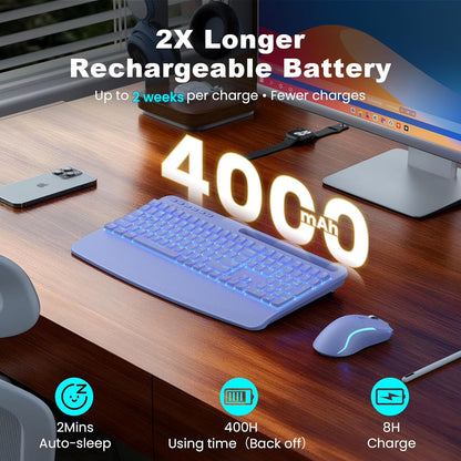 Rechargeable Backlit Wireless Keyboard and Mouse Combo, Ergonomic with Wrist Rest & Phone Holder, Silent for Windows/Mac/Chrome OS - Purple