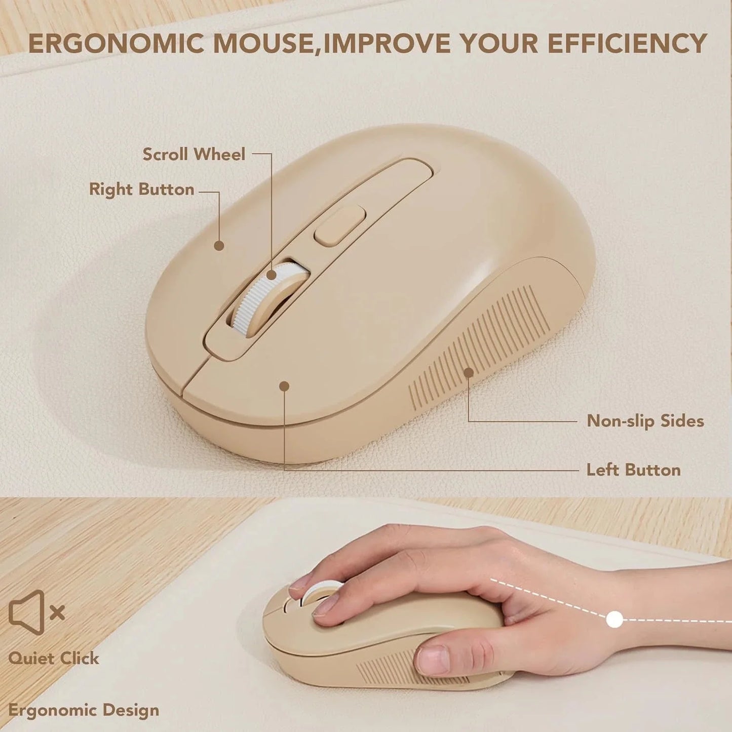 Wireless Keyboard and Mouse Combo Latte, Retro Round Keycaps, Full Size with Detachable Wrist Rest, 2.4G for PC Mac Windows