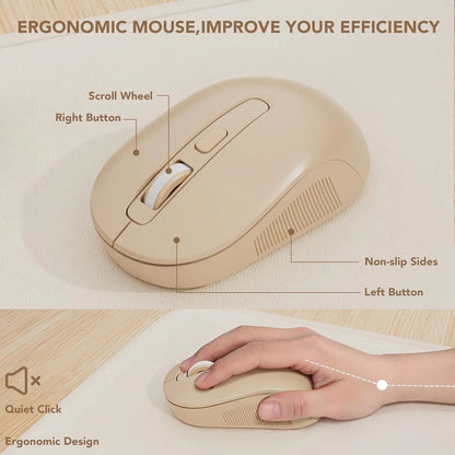 Wireless Keyboard and Mouse Combo Latte, Retro Round Keycaps, Full Size with Detachable Wrist Rest, 2.4G for PC Mac Windows