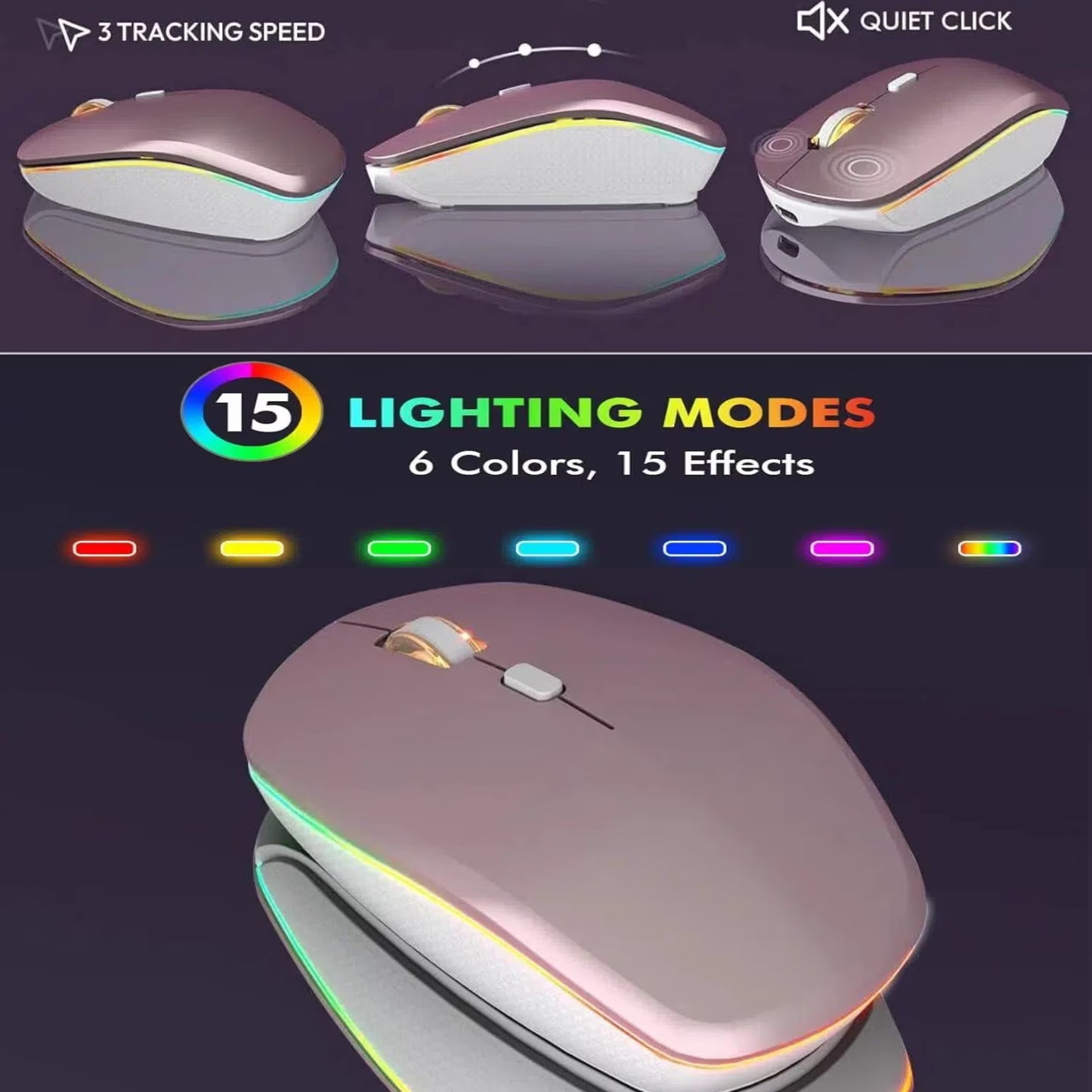 Wagpak Wireless Keyboard and Mouse Combo RGB Backlit Rechargeable 2.4GHz Quiet 108 Keys Keyboard-Rose Gold