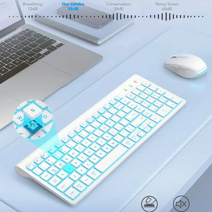 Wireless Keyboard and Mouse Combo - Quiet Backlit Keyboard with RGB Mouse, Rechargeable, Slim, Sleep Mode for Windows, Mac, Laptop -White-Wagpak