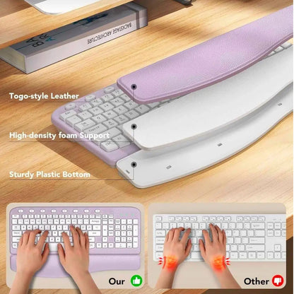 Ergonomic Wireless Keyboard and Mouse Combo, Leather Cushioned Palm Rest, Wave Keys, Silent Typing, 2.4G Lag-Free-Wagpak-Purple