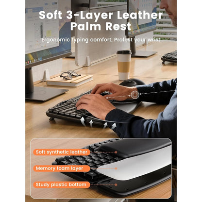 Wireless Keyboard Mouse Combo: 30dB Quiet Wave Keyboard with Leather Palm Rest, Ergonomic Mouse, Dual-System Switch, Plug & Play for Home Office