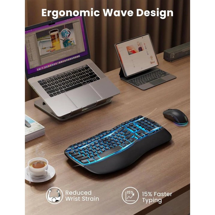 Ergonomic Wireless Keyboard and Mouse Combo, 4000mAh Rechargeable Backlit Keyboard with Lambskin Wrist Rest, Wave Keys, 10M Keystroke, USB-A/C Plug & Play for Windows Mac Chrome OS
