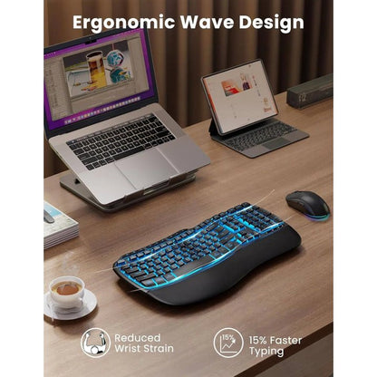Ergonomic Wireless Keyboard and Mouse Combo, 4000mAh Rechargeable Backlit Keyboard with Lambskin Wrist Rest, Wave Keys, 10M Keystroke, USB-A/C Plug & Play for Windows Mac Chrome OS