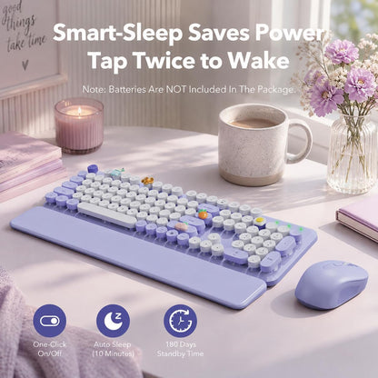 Wireless Keyboard and Mouse Combo, Retro Round Keycaps, Full Size with Detachable Wrist Rest, 2.4G for PC, Lavender Purple