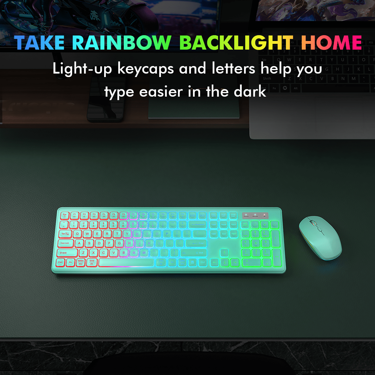 Wagpak Backlit Keys Computer Keyboard & Mouse, Green, New