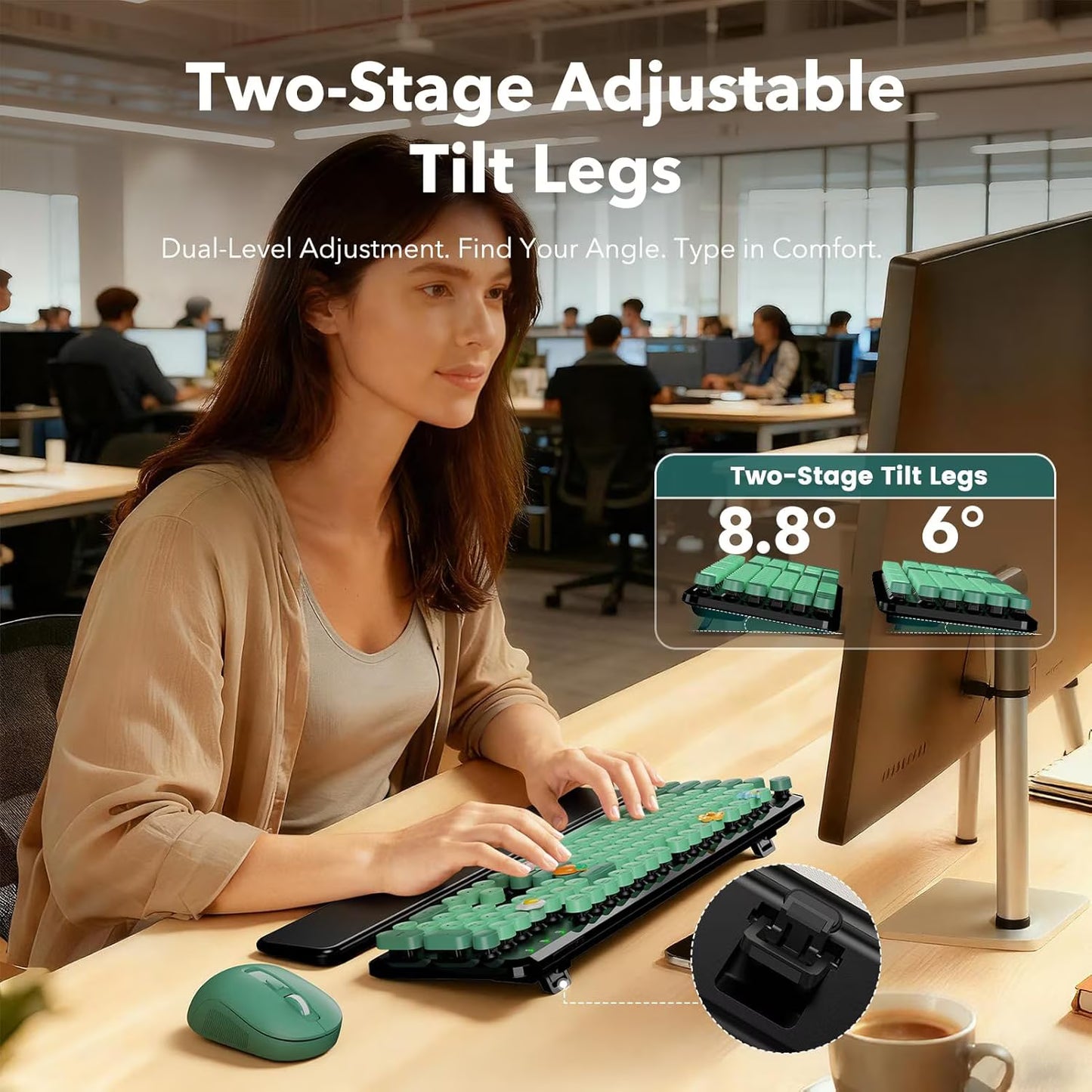 Wireless Keyboard and Mouse Combo, Retro Round Keycaps, Full Size with Detachable Wrist Rest, 2.4G for PC Mac Windows, Dark Green