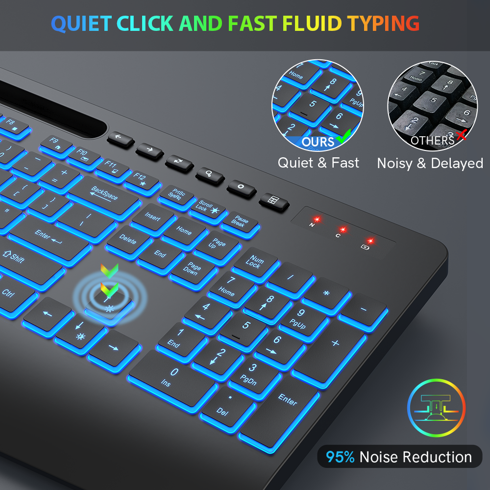 Wireless Keyboard-7 Colored Backlits-Rechargeable Ergonomic Keyboard with Silent Light Up Keys-Wrist Rest-Phone Holder-Cordless