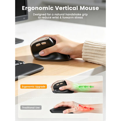 Ergonomic Vertical Mouse, Rechargeable Wireless Bluetooth Mouse for Small & Medium Hands, 4 Adjustable DPI Silent Click, Dual-Device Connection, Auto Sleep for Windows Mac OS, Black