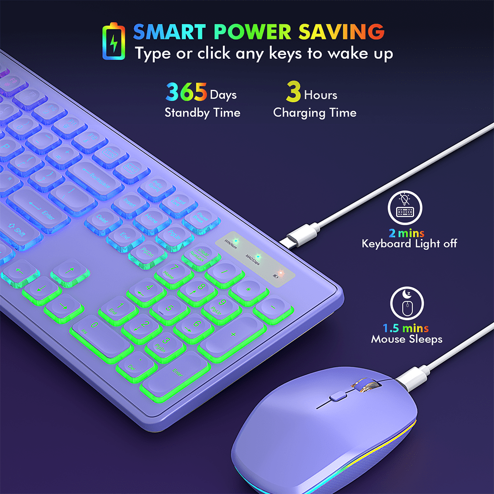 Wagpak Wireless Keyboard and Mouse Combo RGB Backlit Rechargeable 2.4GHz Quiet 108 keys Keyboard-Purple