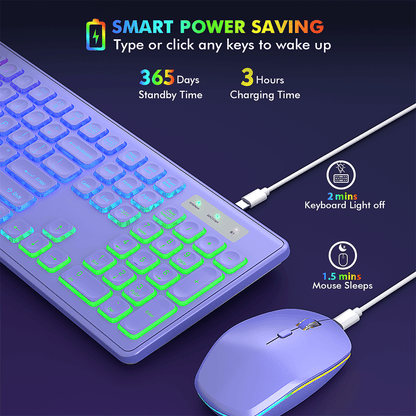 Wagpak Wireless Keyboard and Mouse Combo RGB Backlit Rechargeable 2.4GHz Quiet 108 keys Keyboard-Purple