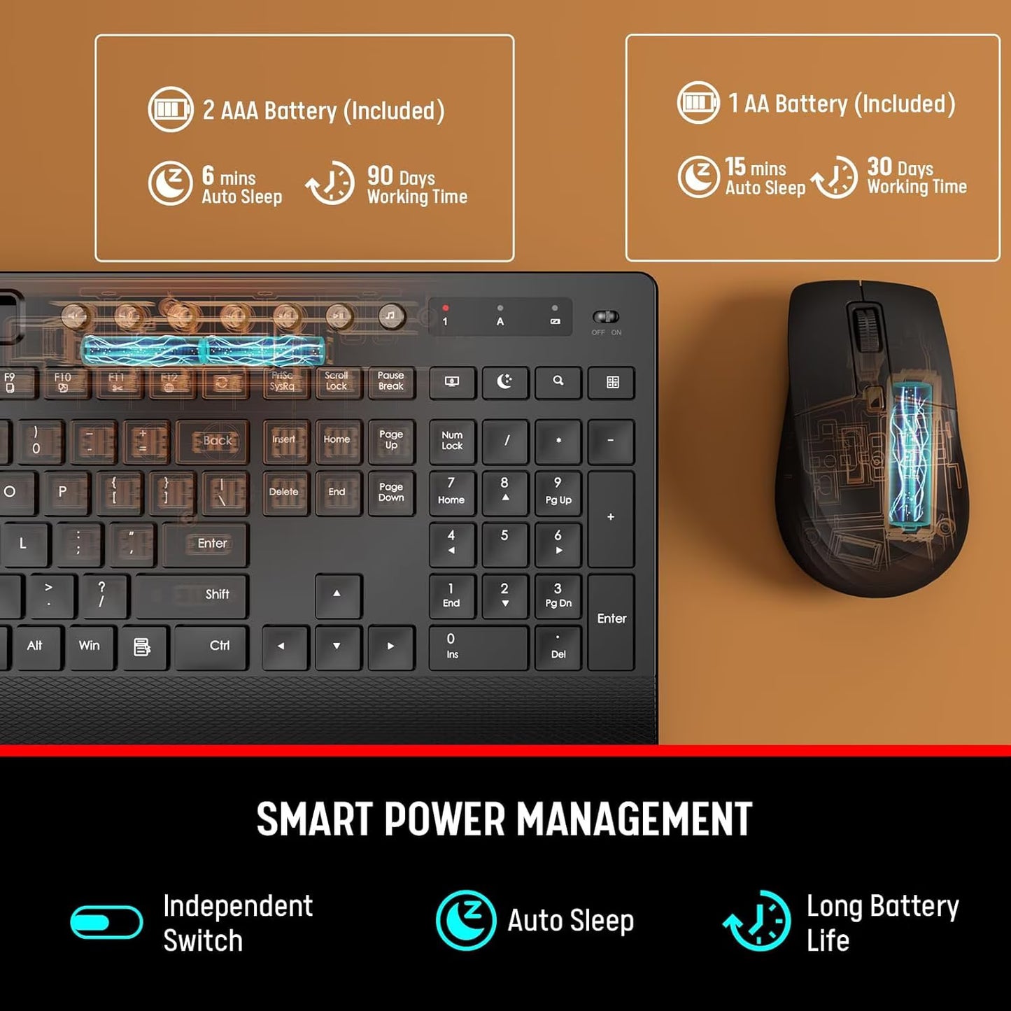 Wireless Keyboard and Mouse Combo with Full-Size Quiet, Palm Rest, Phone Holder, Multimedia Keys, Batteries Included, Compatible with Windows, PC, Laptop - Black