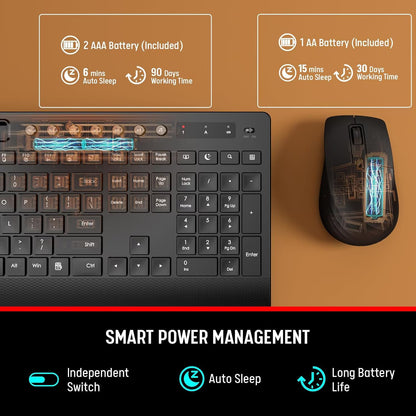Wireless Keyboard and Mouse Combo with Full-Size Quiet, Palm Rest, Phone Holder, Multimedia Keys, Batteries Included, Compatible with Windows, PC, Laptop - Black