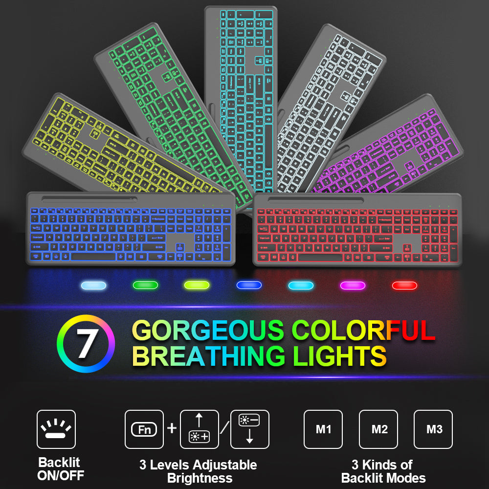 Wireless Keyboard and Mouse, 15 Backlit Effects, Slim Rechargeable Keyboard