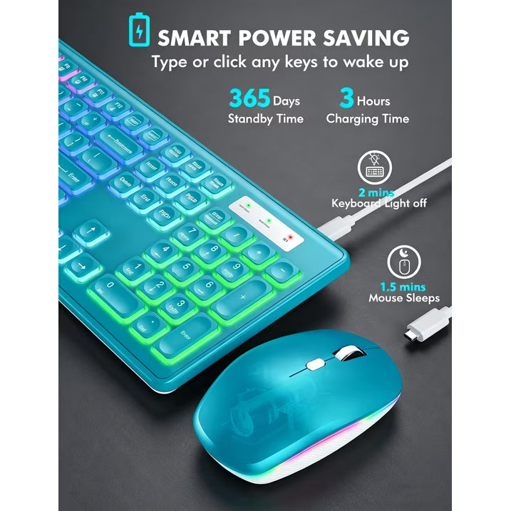 Wagpak Wireless Keyboard and Mouse Combo RGB Backlit Rechargeable 2.4GHz Quiet 108 Keys Keyboard-Metallic Blue