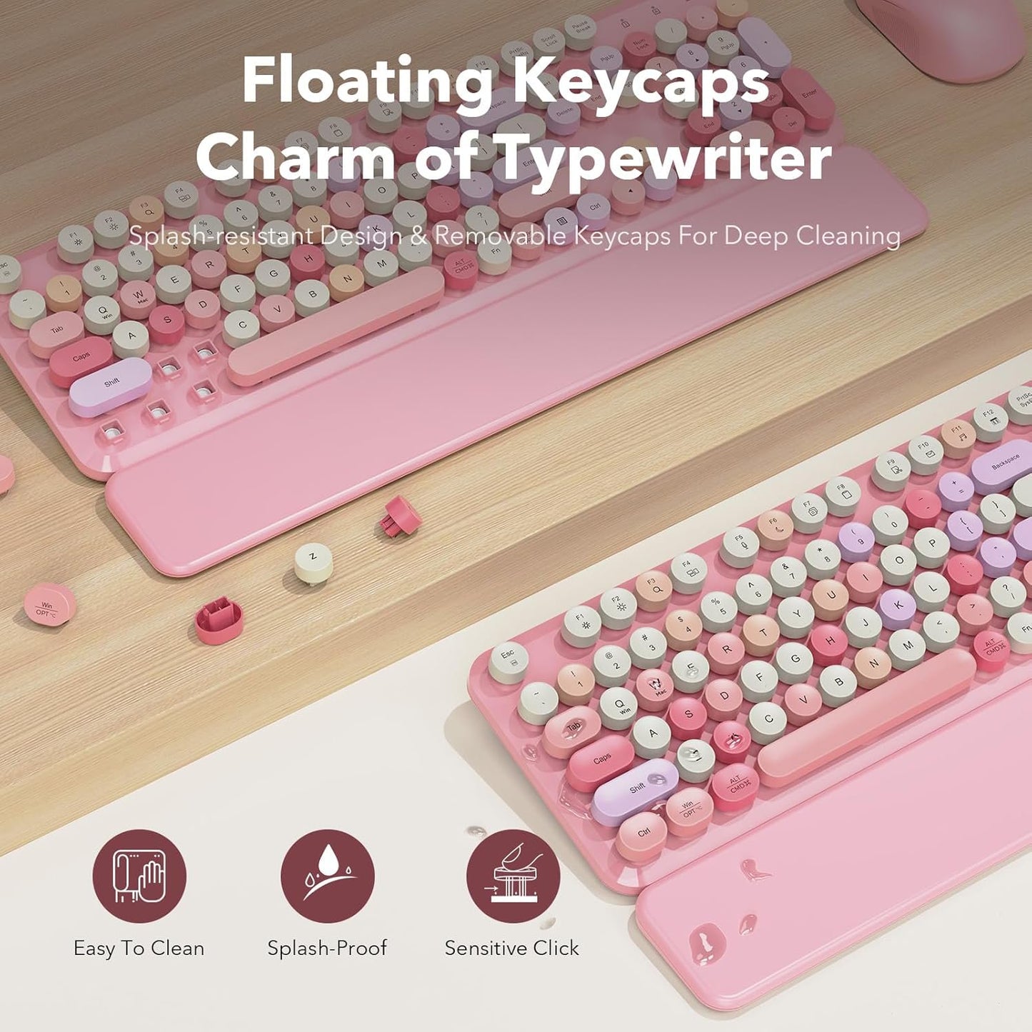 Wireless Keyboard and Mouse Combo Latte, Retro Round Keycaps, Full Size with Detachable Wrist Rest, 2.4G for PC Mac Windows