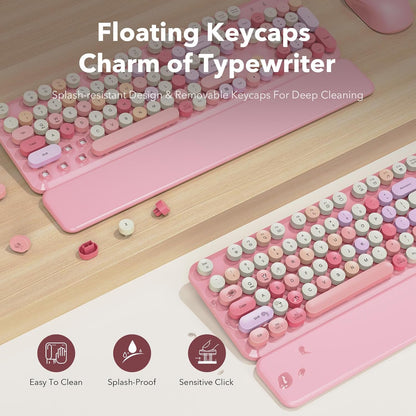 Wireless Keyboard and Mouse Combo Latte, Retro Round Keycaps, Full Size with Detachable Wrist Rest, 2.4G for PC Mac Windows