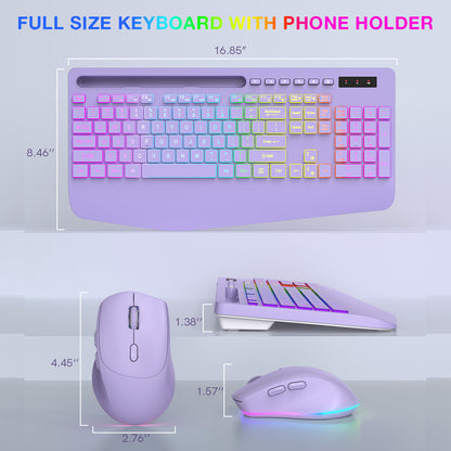 Wireless Keyboard and Mouse Combo with 9 Backlit, Wrist Rest & Phone Holder, Purple