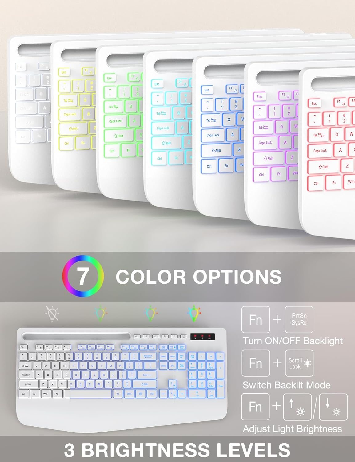 Wireless Keyboard and Mouse Combo with 9 Backlit, Wrist Rest & Phone Holder, White