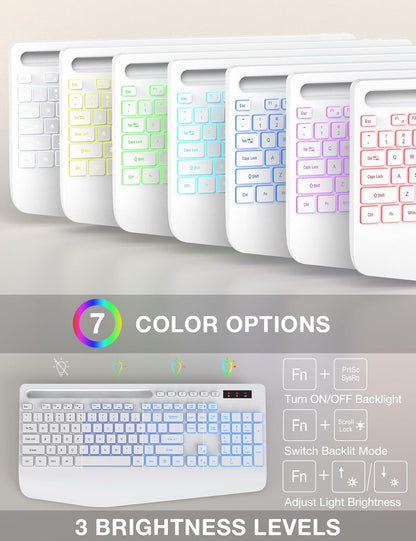 Wireless Keyboard and Mouse Combo with 9 Backlit, Wrist Rest & Phone Holder, White