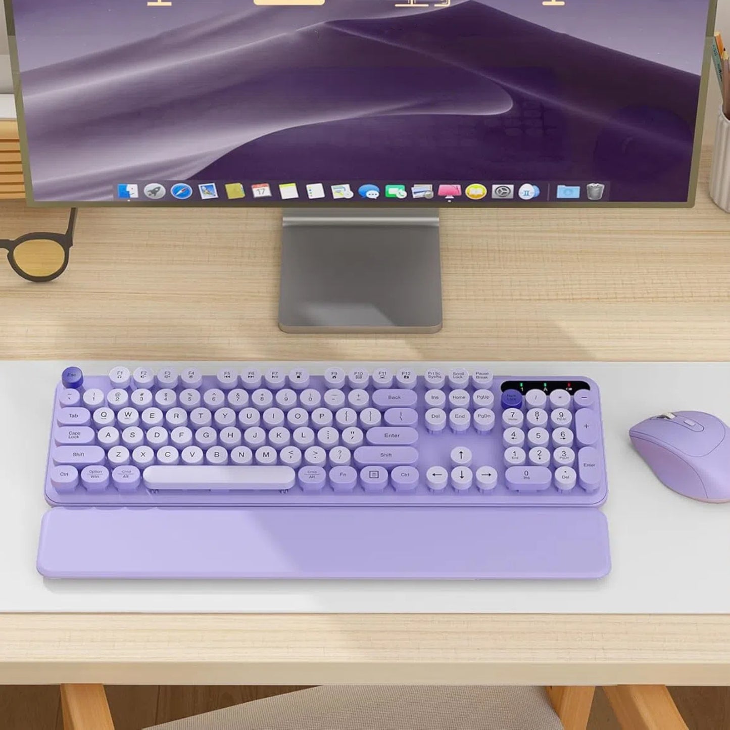 Wireless Keyboard and Mouse Combo - Retro Round Keycaps, Detachable Wrist Rest, Foldable Legs, 2.4GHz Full-Size Keyboard Purple