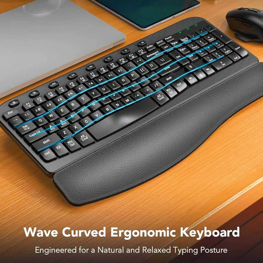 Ergonomic Wireless Keyboard and Mouse Combo, Leather Cushioned Palm Rest, Wave Keys, Silent Typing, 2.4G Lag-Free-Wagpak