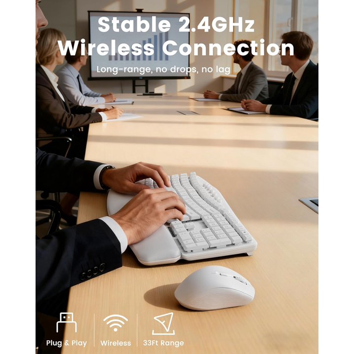 Wireless Keyboard Mouse Combo,Quiet Wave Keyboard with Leather Palm Rest, Ergonomic Mouse, Dual-System Switch, Plug & Play for Home Office,White