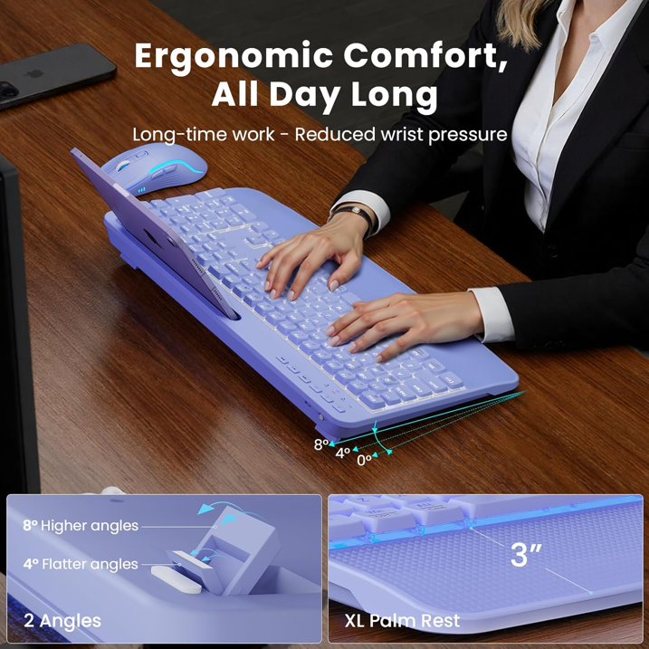Rechargeable Backlit Wireless Keyboard and Mouse Combo, Ergonomic with Wrist Rest & Phone Holder, Silent for Windows/Mac/Chrome OS - Purple