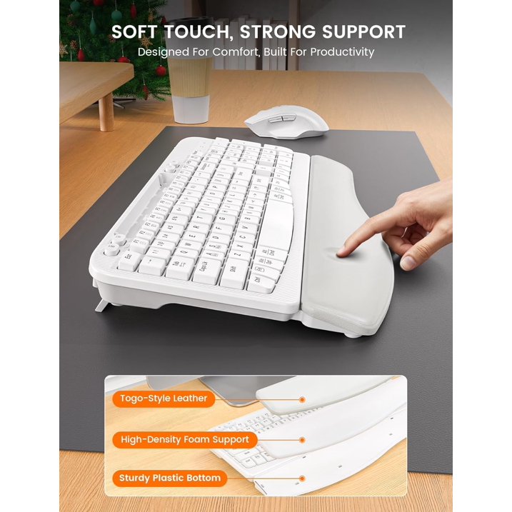 Ergonomic Wireless Keyboard & Mouse Combo - Rechargeable Type-C, Cushioned Wrist Rest, 7.28” Phone Holder, Silent Mouse, 2.4G Lag-Free for Windows/Mac,White