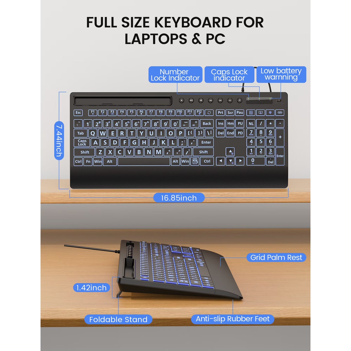 Large Print Wired Backlit Keyboard with Wrist Rest, Phone Holder, Backlight Memory, Quiet Keys, Ergonomic Keyboard for PC Laptop