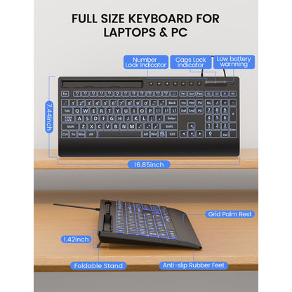Large Print Wired Backlit Keyboard with Wrist Rest, Phone Holder, Backlight Memory, Quiet Keys, Ergonomic Keyboard for PC Laptop