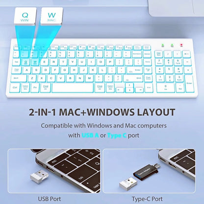 Wireless Keyboard and Mouse Combo - Quiet Backlit Keyboard with RGB Mouse, Rechargeable, Slim, Sleep Mode for Windows, Mac, Laptop -White-Wagpak