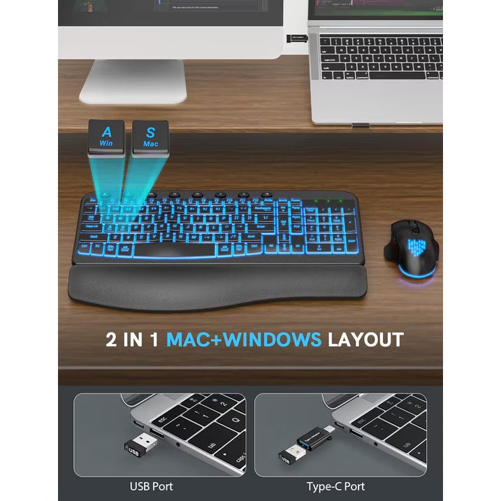 Wireless Keyboard and Mouse Combo - Ergonomic Wave Rechargeable Keyboard with Soft Leather Wrist Rest, RGB Backlit -Black