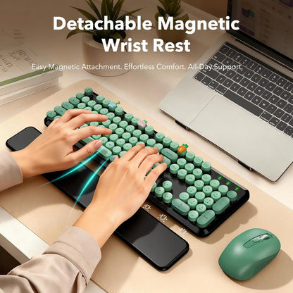Wireless Keyboard and Mouse Combo, Retro Round Keycaps, Full Size with Detachable Wrist Rest, 2.4G for PC Mac Windows, Dark Green