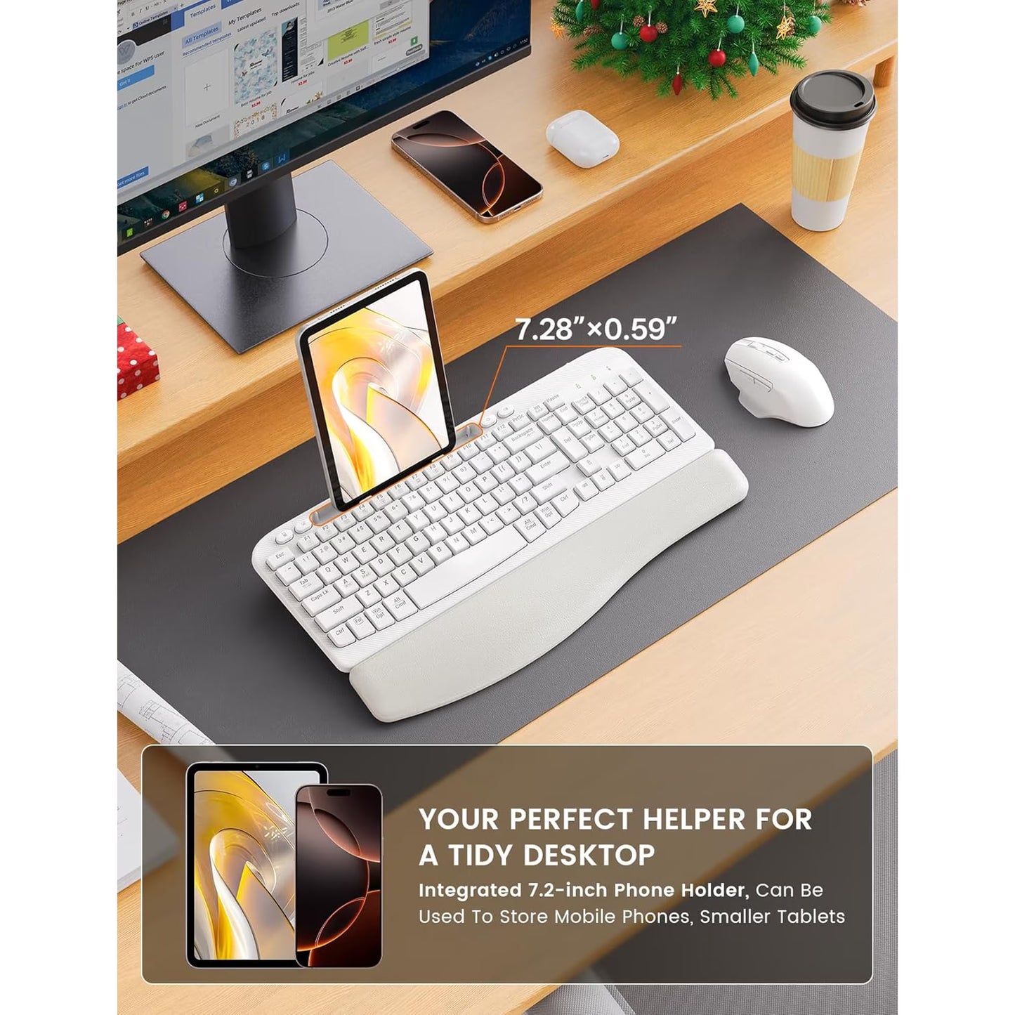 Ergonomic Wireless Keyboard & Mouse Combo - Rechargeable Type-C, Cushioned Wrist Rest, 7.28” Phone Holder, Silent Mouse, 2.4G Lag-Free for Windows/Mac,White
