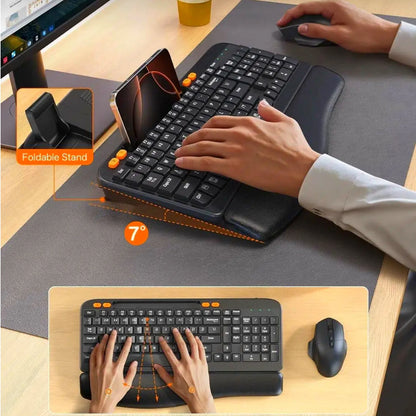 Ergonomic Wireless Keyboard & Mouse Combo - Rechargeable Type-C, Cushioned Wrist Rest, 7.28” Phone Holder, Silent Mouse, 2.4G Lag-Free for Windows/Mac