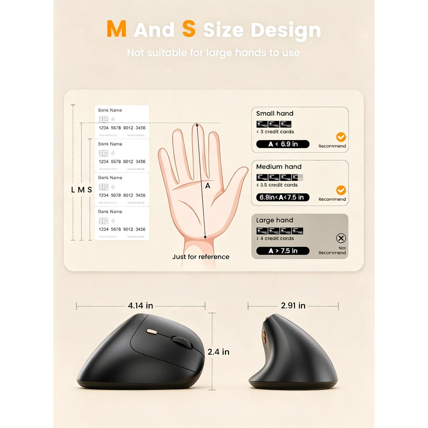 Ergonomic Vertical Mouse, Rechargeable Wireless Bluetooth Mouse for Small & Medium Hands, 4 Adjustable DPI Silent Click, Dual-Device Connection, Auto Sleep for Windows Mac OS, Black