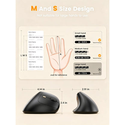 Ergonomic Vertical Mouse, Rechargeable Wireless Bluetooth Mouse for Small & Medium Hands, 4 Adjustable DPI Silent Click, Dual-Device Connection, Auto Sleep for Windows Mac OS, Black