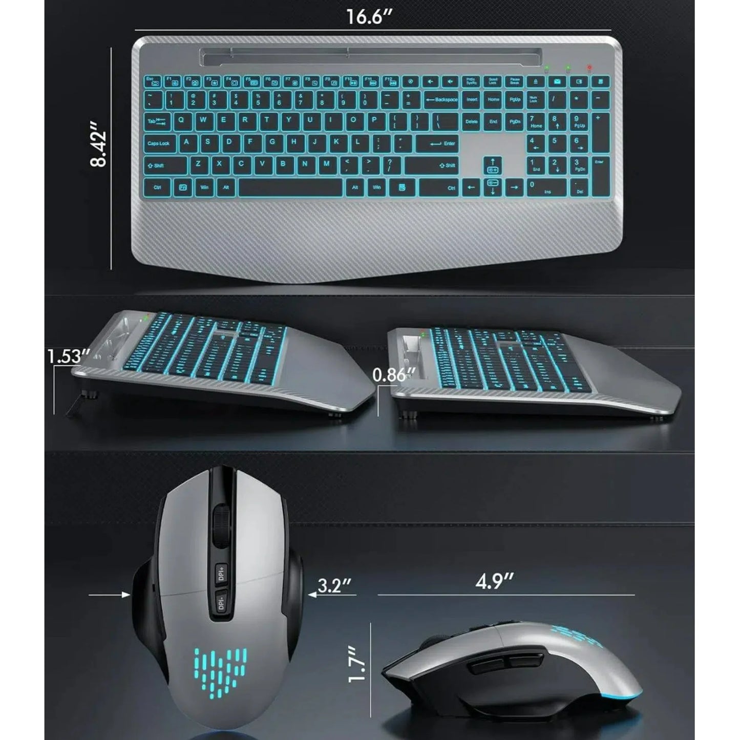 Wireless Keyboard and Mouse Backlit, Rechargeable Ergonomic Keyboard with Wrist Rest, LED Mouse, Phone Holder, Silent for Computer, Mac, PC, Laptop, Chromebook-Silver Black