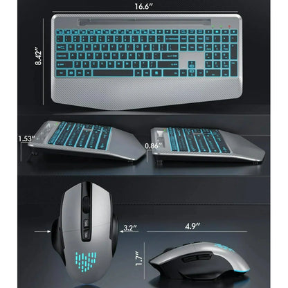 Wireless Keyboard and Mouse Backlit, Rechargeable Ergonomic Keyboard with Wrist Rest, LED Mouse, Phone Holder, Silent for Computer, Mac, PC, Laptop, Chromebook-Silver Black