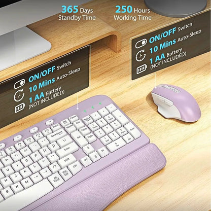 Ergonomic Wireless Keyboard and Mouse Combo, Leather Cushioned Palm Rest, Wave Keys, Silent Typing, 2.4G Lag-Free-Wagpak-Purple