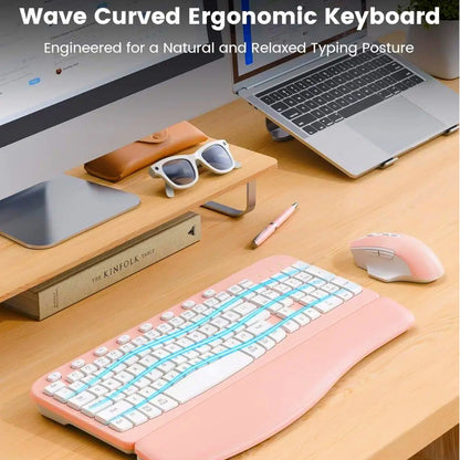Ergonomic Wireless Keyboard and Mouse Combo, Leather Cushioned Palm Rest, Wave Keys, Silent Typing, 2.4G Lag-Free-Wagpak-Pink