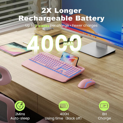 Rechargeable Backlit Wireless Keyboard and Mouse Combo, Ergonomic with Wrist Rest & Phone Holder, Silent for Windows/Mac/Chrome OS - Pink