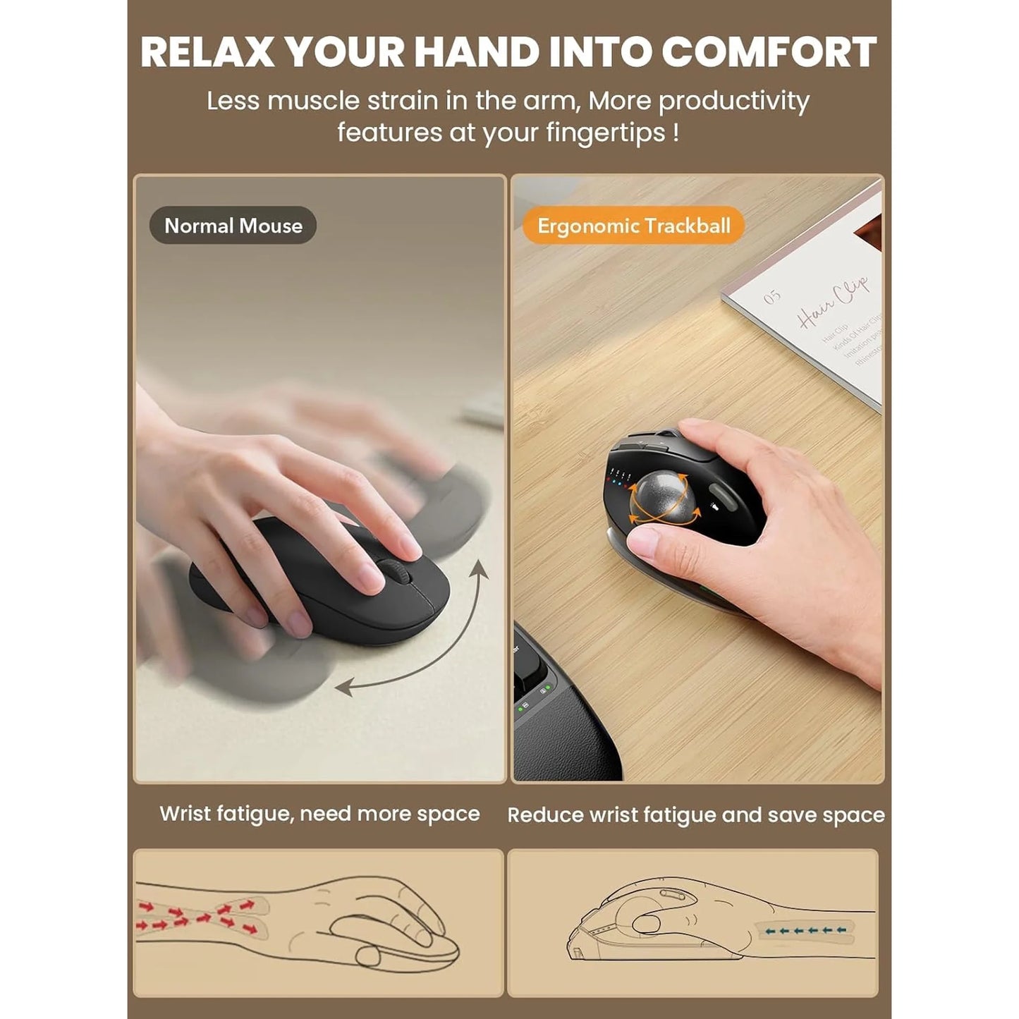 Ergonomic Wireless Trackball Mouse, Adjustable Angle, Thumb Control, Quiet Click, Rechargeable, Multi-Device Bluetooth & USB, for Windows Mac-Black Ball