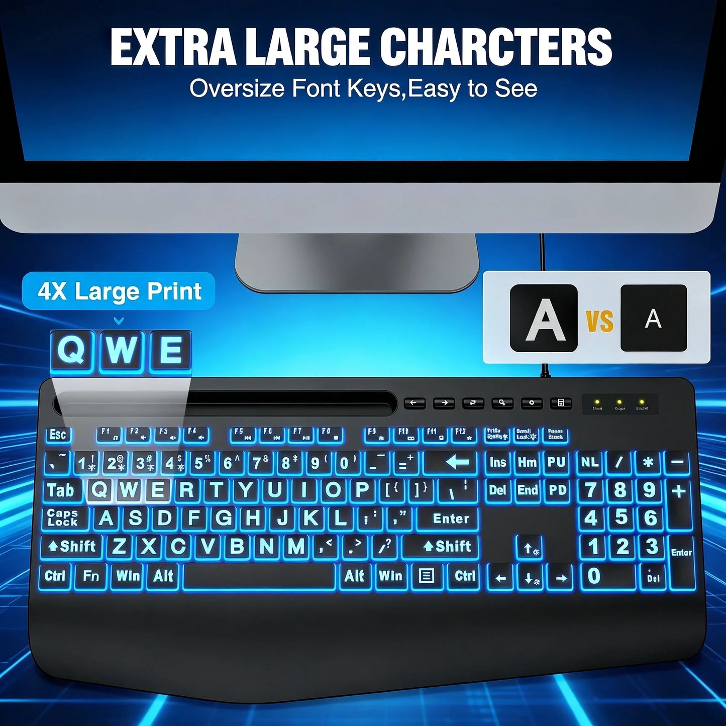 Large Print Wired Backlit Keyboard with 7-Color Backlight, Wrist Rest, Phone Holder, Oversized Keys, USB Plug & Play for PC Laptop Desktop Windows, Black