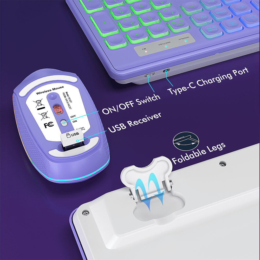 Wagpak Wireless Keyboard and Mouse Combo RGB Backlit Rechargeable 2.4GHz Quiet 108 keys Keyboard-Purple